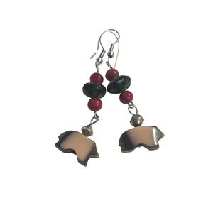 Bear Shell Red Green Beaded Drop‎ Dangle Earrings Silver Tone 2"